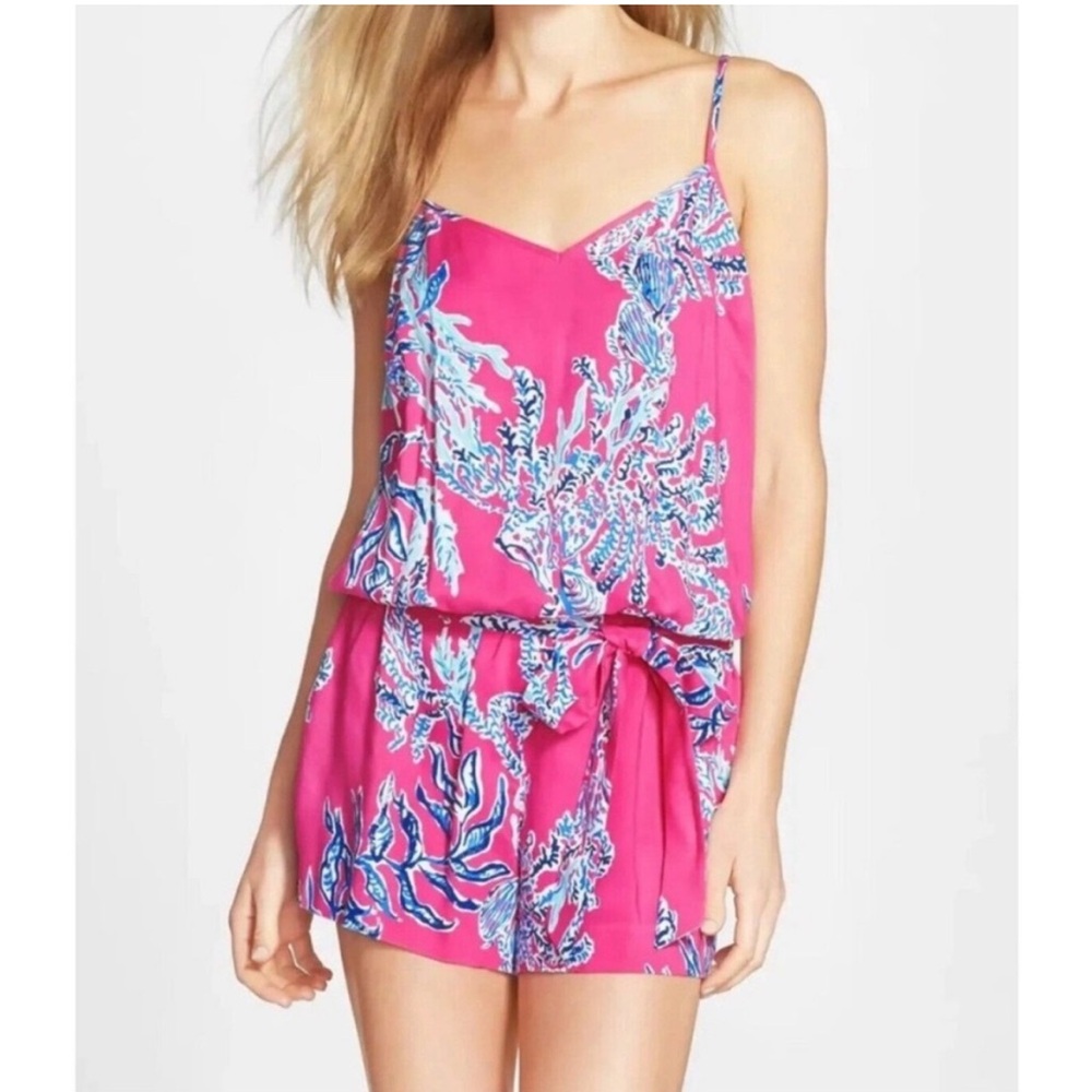 Like New Lilly Pulitzer Pink and Blue Belted Romper